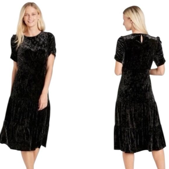Black Crushed Velvet Modest Empire Waist Dress Tiered Full Midi Maxi Holiday - Picture 2 of 11